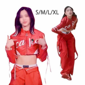 韓国 ダンス衣装 レディース 赤 ヘソ出し長袖ジャケット カーゴパンツ タンクトップ k-pop アイドル衣装 セットアップ レッド レディース