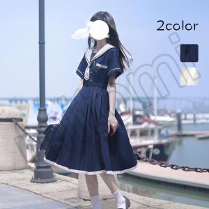 ワンピース チュニック ひざ丈 半袖 レトロ レトロ感 セーラー服風 森ガール セーラー服 女子高生 制服 セーラー襟付ワンピース 春 秋 マ