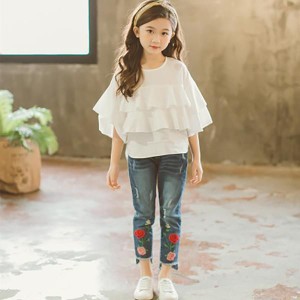 子供 セットアップ デニムパンツ 半袖ブラウス 上下セット フレア ノースリーブ デニムパンツ ブラウスキッズ 子供服 女の子 夏 通学/通