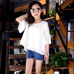セットアップ 半袖 Ｔシャツ＋パンツ 韓国子供服 キッズ 女の子 2点セット 可愛い パンツセット デニムパンツ カジュアル セットアップ 