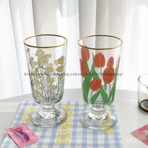 レトロ グラス リトルデイジー チューリップ イラスト 金メッキ縁 ガラス コップ タンブラー 花柄 かわいい 韓国風デザイン ゴブレット 
