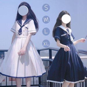 ワンピース チュニック ひざ丈 半袖 レトロ レトロ感 セーラー服風 森ガール セーラー服 女子高生 制服 セーラー襟付ワンピース 春 秋 マ