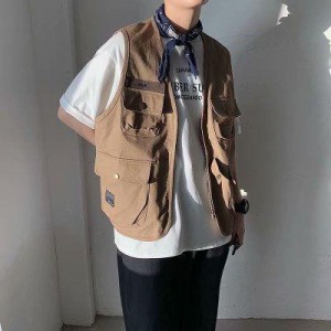 ベスト メンズ 夏用ベスト Vネック ポケット付き ファスナー アウトドア 作業服 お釣り 登山 ミリタリー ゆったり カジュアル 無地 おし