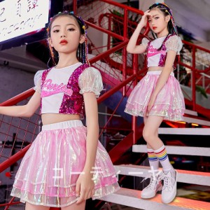 ダンス 衣装 キッズ ガールズ キラキラ スパンコール 女の子 セットアップ チア チアガール 安い へそ出し 演奏会 応援団 韓国 練習着
