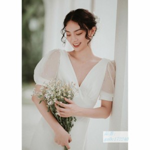 ウェディングドレスフォトウェディング二次会花嫁白ワンピース韓国風ロングドレス結婚式レトロドレス披露宴エレガンスパフスリーブブライ