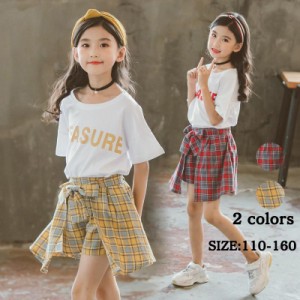 子供服 セットアップ 夏 韓国子供服 女の子 ジュニア キッズ 上下セット 2点セット 半袖 Tシャツ ミニスカート チェック柄 可愛い おしゃ