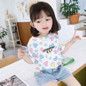 子供服 Tシャツ 女の子 半袖Tシャツ 夏 コットン カットソー 女児 ハート柄 Tシャツ キッズ サマーTシャツ 快適 夏Tシャツ 半袖トップス 