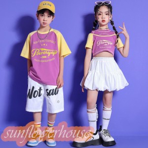 キッズダンス衣装 ヒップポープ tシャツ トップス へそ出し 女の子 男の子 ダンス衣装 ガールズ チアダンス チア スカート ハーフパンツ 