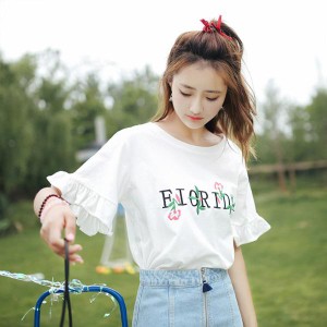 Tシャツ ロゴ刺繍 フリル袖 フラワー 半袖 ショート丈 トップス 韓国ファッション 個性的 服 レトロ かわいい ダンス 衣装 コスチューム