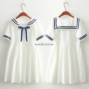 森ガール ワンピース セーラー襟 セーラー風 半袖 ワンピ リボン 学生 制服 春 セーラーワンピース 夏 白ライン aライン ひざ丈