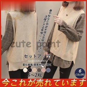 セーター 重ね着風 千鳥格子 グレンチェック ニット 異素材切り替え チュニック丈 サイドスリット レディース 秋冬 トップス 長袖 プルオ