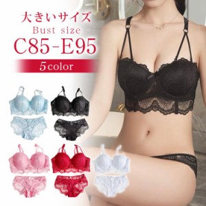 大きいサイズ レディース ブラジャー ショーツセット 上下セット ブラセット レース 無地 C85 C90 C95 D85 D90 D95 E85 E90 E95 LL 3L 新