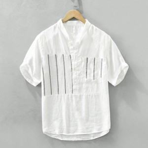 リネンシャツ プルオーバー カジュアルシャツ バンドカラー 半袖 シャツ トップス 100%リネン 涼しい メンズ