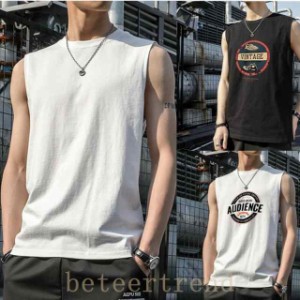 タンクトップメンズノースリーブTシャツカットソー袖なし大きいサイズおしゃれ綿夏VネッククルーネックアメカジボーダーロゴTプリント