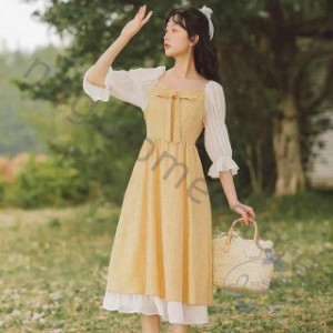 ワンピース フェミニン レディース 新作 夏 夏コーデ 夏服 夏ワンピ 1color ロング ミモレ丈 半袖 異素材MIX レトロ マムルークスリーブ