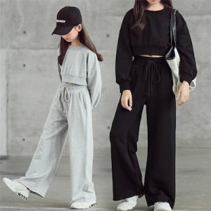 女の子 ワイドパンツ セットアップ 楽チン 長袖シャツ カジュアル パーカー 無地 キッズ服 ガール