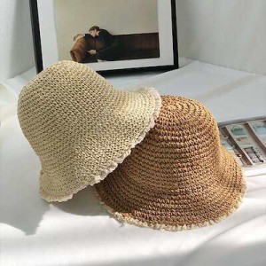 レディース麦わら帽子バケットハット夏の日系通気日除け日帽子折り畳み可能な草?みみの帽子