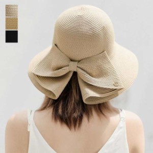 帽子 レディースつば広 日よけ帽子折り畳み かわいいリボン付きコットンハット 春 夏 UVカット 紫外線対策 帽子 女性 あごひも付き