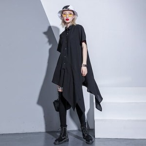 欧米風 裾変形デザイン シャツワンピース アシメワンピー Tシャツ レディース トップス 90285