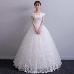 ウェディングドレス 結婚式 花嫁 ブライダルドレス ボートネック ホワイトドレス オフショルダー 袖あり 大きいサイズ 編み上げ