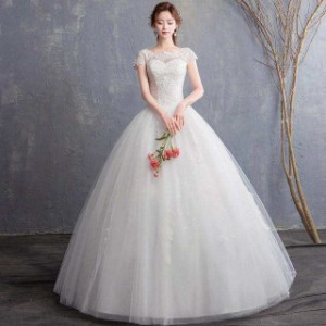 Aライン ウェディングドレス 袖あり ホワイトドレス レース チュール 花嫁 結婚式ドレス 大きいサイズ ブライダルドレス パニエ付き