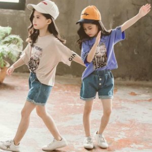 子供服 セットアップ キッズ 女の子 春夏 2点セット 上下セット Tシャツ 半袖 デニムパンツ ショートパンツ ジュニア おしゃれ 可愛い カ