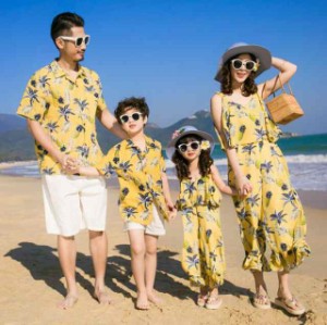 アロハドレス アロハシャツ 親子ペア 夏物 家族お揃い 衣装 パイナップル カップル衣装 ハワイ風 親子コーデ 海旅行衣装 ビーチ衣装 ママ