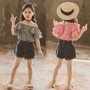 子供服 セットアップ 夏 韓国子供服 女の子 ジュニア キッズ 上下セット 2点セット 半袖 Tシャツ デニムパンツ 短パン 可愛い おしゃれ