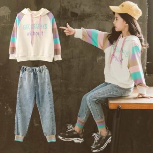 子供服 セットアップ キッズ 女の子 春秋 長袖 2点セット 上下セット Tシャツ デニムパンツ ロングパンツ ジュニア おしゃれ カジュアル