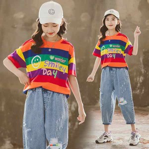 tシャツ キッズ 半袖 夏服 韓国子供服 女の子 トップス ブラウス Tシャツ 綿 ストライプ カットソー 子供服 ベビー服 カジュアル 可愛い