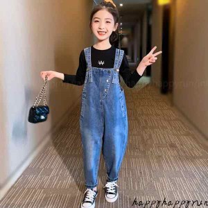 セットアップ キッズ 女の子 上下セット トップス+オーバーオール 2点セット 長袖Tシャツ 丸首 ロングパンツ カジュアル ジュニア服 通学