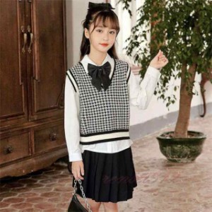 四点セット 子供服 女の子セットアップ ニットベスト シャツ プリーツスカート リボン