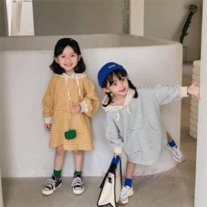 パーカーワンピース 女の子 ストライプ柄 子ども服 子供服 ワンピース 長袖ワンピ 膝下丈 春秋