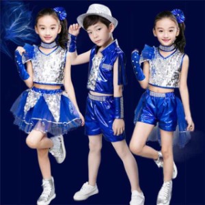 ダンスウェア キッズ ジュニア ジャズダンス衣装 セットアップ トップス ショートパンツ スカート スパンコール 子供 男の子 女の子 ガー