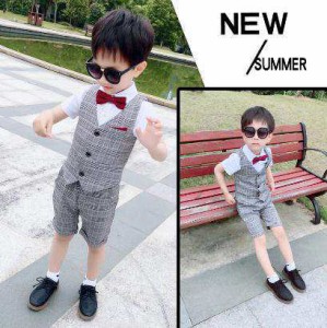 夏男の子キッズ服ベスト＋パンツ＋半袖シャツ+ネクタイ4点セット　フォーマルスーツ　テーラードジャケット入園式 イギリス風 チェック