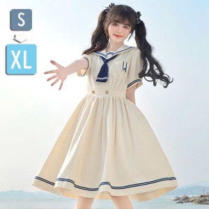 ワンピース ビッグカラー セーラー風 胸元リボン 半袖 夏用 夏服 かわいい レディース デコ襟 大きいサイズ ロ