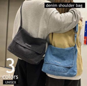 ショルダーバッグ デニムバッグ フラップbag レディース メンズ 鞄 斜め掛け 肩掛け ロゴ 英字 長さ調節可 ユニセックス