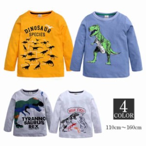 長袖Tシャツ ロンT トップス 子供服 キッズ 男の子 女の子 ジュニア ラウンドネック プリント 恐竜 カジュアル シンプル