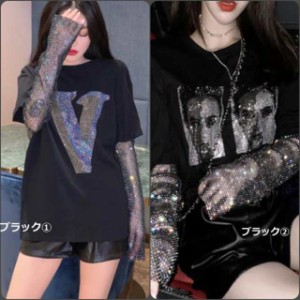 Tシャツ きらきら スパンコール 長袖 カジュアル系 大人可愛い ロゴ入り プリント こなれ感 秋 お出かけ