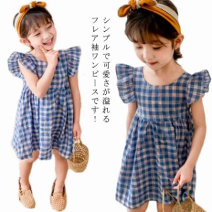 子供服 女の子 ワンピース 半袖 ガールズ フレア袖 チュニック 夏服 チェック柄 綿 キッズ 女児 80 90 100 110 120 130 ベビー服 かわい