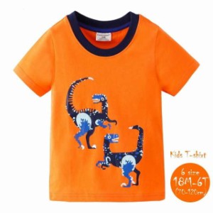 Tシャツ カットソー キッズ ベビー 男の子 女の子 子供用 トップス 子供服 半袖 ラウンドネック 丸首 プリント 恐竜 カジュアル スポーテ