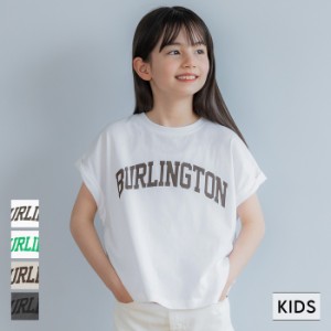 キッズ 110-140 Tシャツ カットソー フレンチスリーブ ロールアップ プリント ロゴ クルーネック コットン 半袖 女の子 親子お揃い 子供