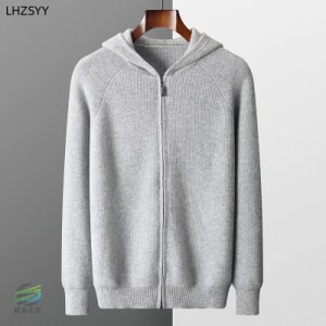 Lhzsyy-男性用ピュアカシミヤフード付きカーディガン 厚手ニットジャケット レジャーコート ホットシャツ ジッパー付きセーター ビッグサ
