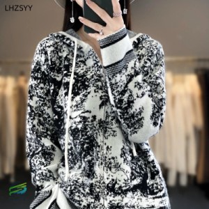 Lhzsyy-女性フード付きカシミヤセーター ジッパーニットカーディガン グラフィティコート 大きサイズジャケット 女性ホットシャツ 秋冬