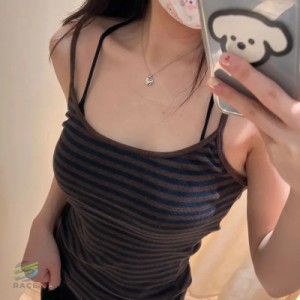 女性セクシーレトロ茶色ストライプTシャツ ノースリーブTシャツ ヴィンテージコルセット ショーツ 夏コレクション y2k 2022