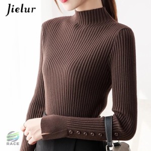 女性用セミタートルネックセーター 韓国セーター スリム ホット 基本knitwear 茶色 黒 女性用ボタン S-XL