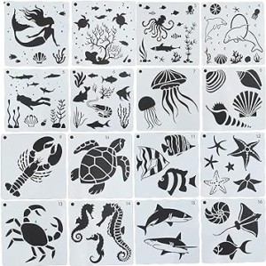 Mollytek 16枚セット 描画テンプレート ステンシルシート プレート 海洋動物 子供 手帳用 製図用 絵画テンプ