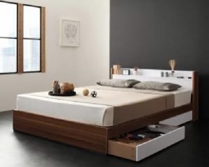 ダブルベッド 白 整理 収納付き ベッド マルチラススーパースプリングマットレス付き セット 棚・コンセント付き整理 収納 ベッド( 幅 :
