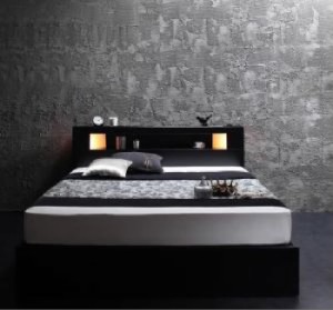シングルベッド 白 黒 収納付きベッド マルチラススーパースプリングマットレス付き モダンライト・コンセント収納付きベッド( 幅 :シン