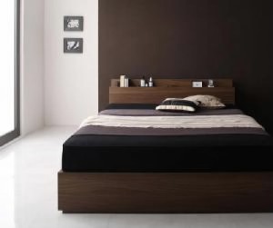 シングルベッド 茶 整理 収納付き ベッド マルチラススーパースプリングマットレス付き セット 棚・コンセント付き整理 収納 ベッド( 幅 
